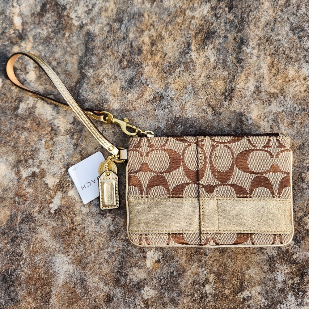 NWT Coach Signature Gold Stripe Wristlet Pouch Wallet - Picture 2 of 4